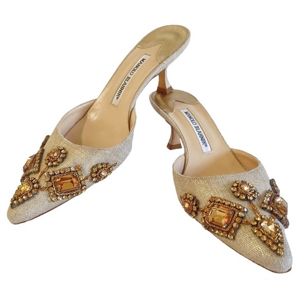 Manolo Blahnik Shoes - MANOLO BLAHNIK Slip-on Mules with Jewels Gold Topaz Bling Kitten Heel